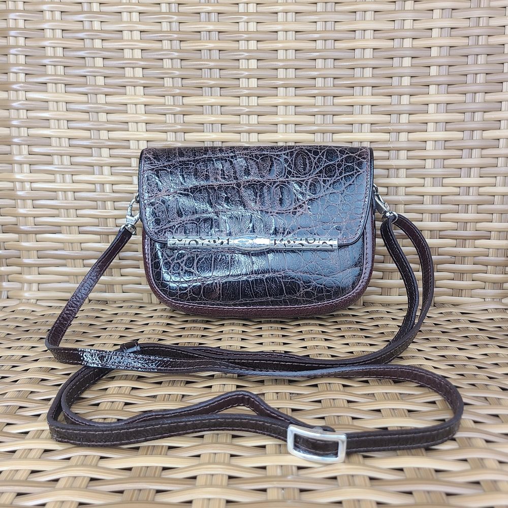 Brighton Mini Croc Embossed Brown Leather Crossbody Bag Clutch Silver Hardware